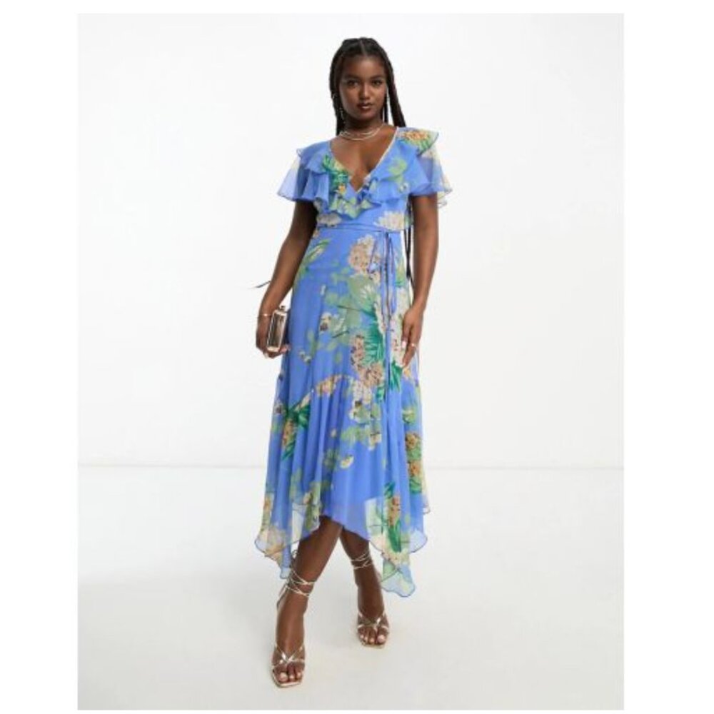 Asos Design V Front V Back Ruffle Midi Dress With… - image 1